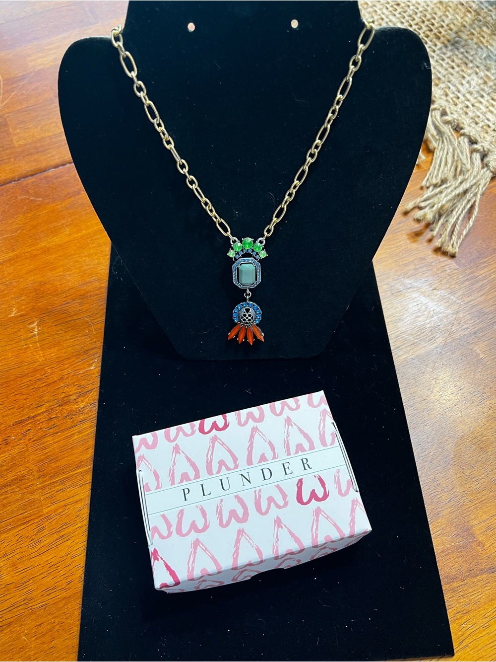 Plunder Gold-Tone Necklace with Green Stones & Orange Dangles